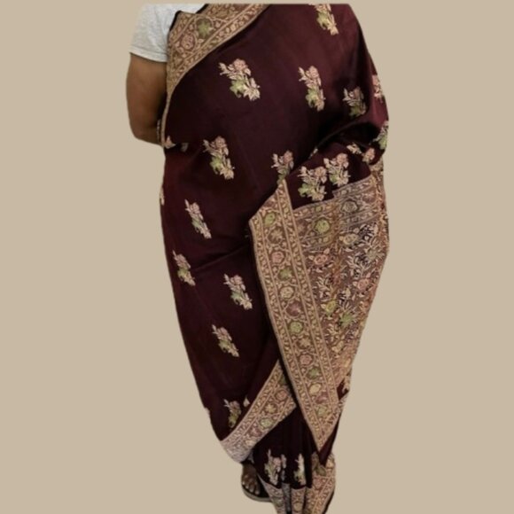 Maroon Purple Eggplant Silk Saree Rose Embroidered Floral Border Wedding - Picture 13 of 15